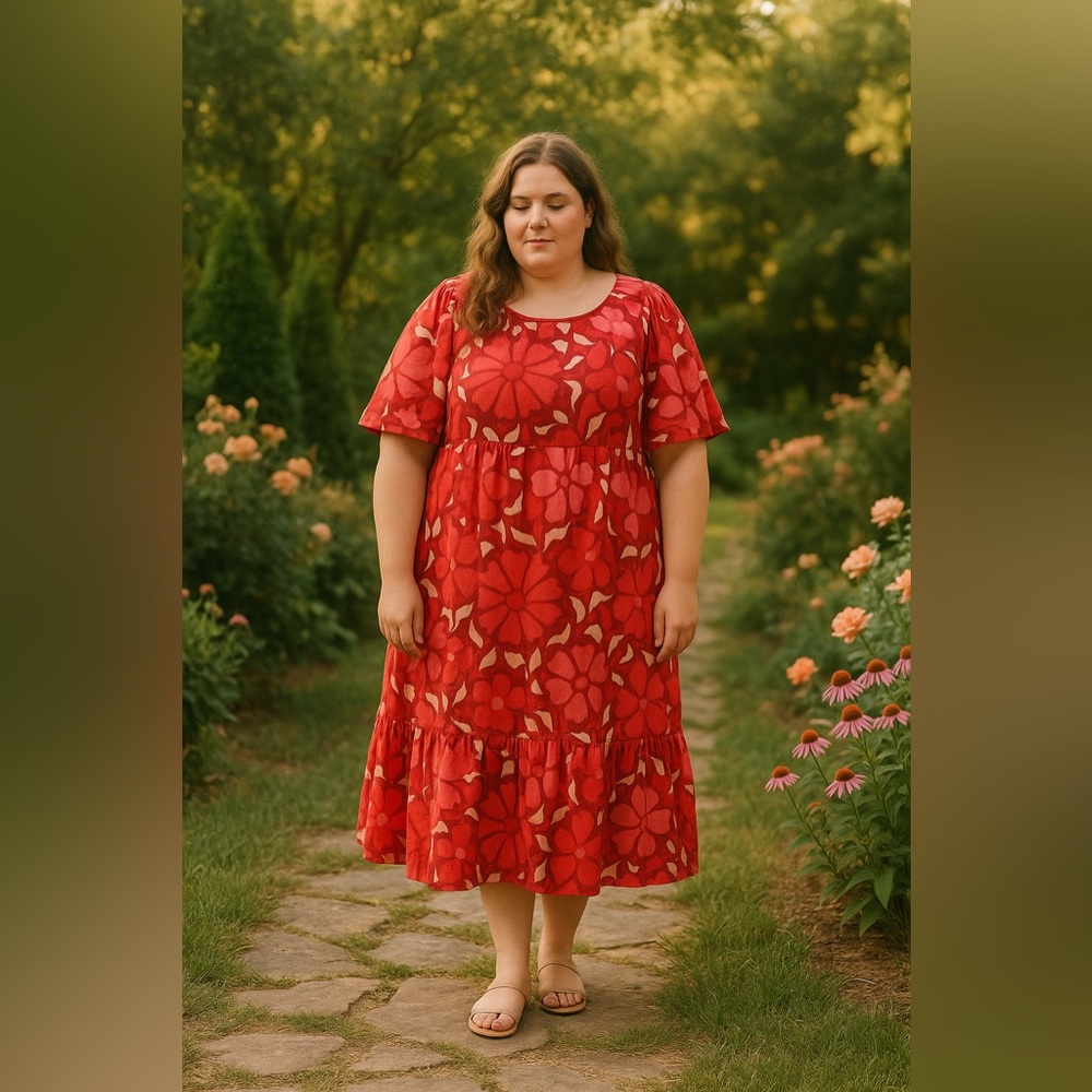 RHODE x Target Zinnia Floral Print Bell Sleeve Midi Dress in Red/Pink Size 28